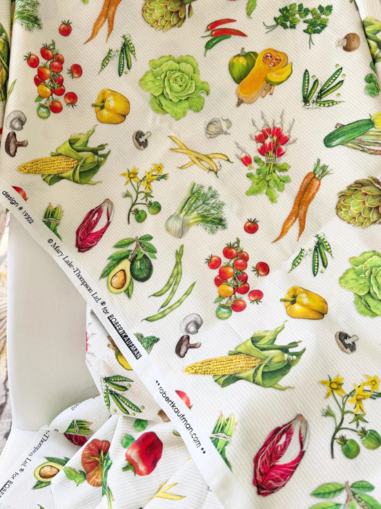 Garden Vegetables- White- “Down on the Farm- Veggie” Print Cotton Fabric- 44” Wide