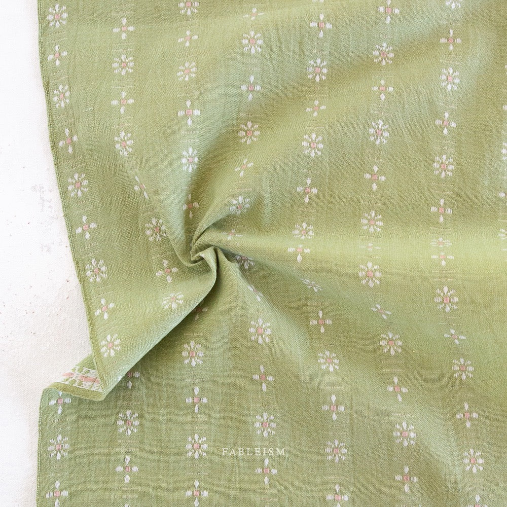 Forest Forage Daisies- Celadon- Woven Cotton- Fableism- 44” Wide