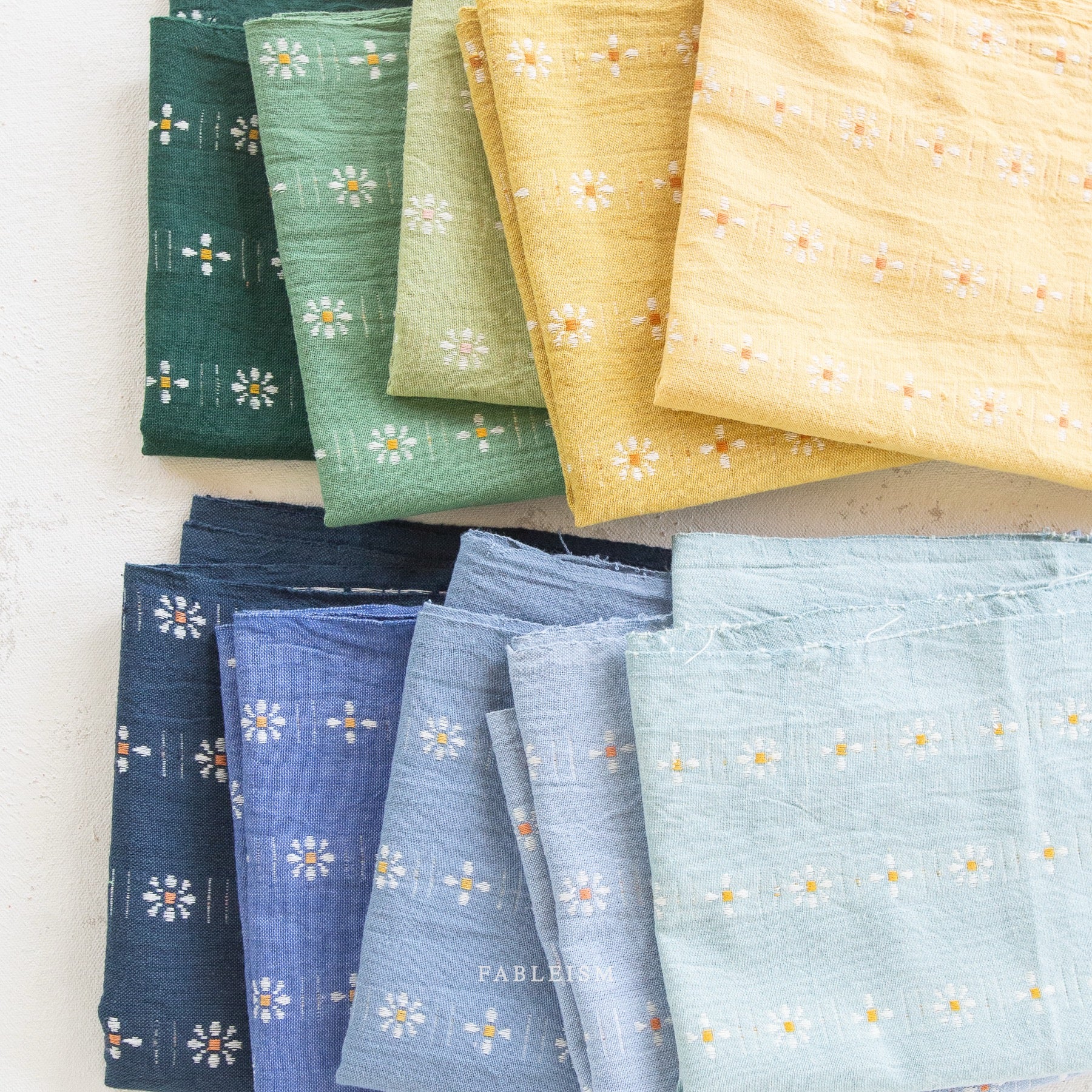 Forest Forage Daisies- Celadon- Woven Cotton- Fableism- 44” Wide
