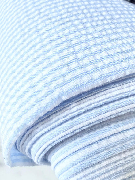 Blue and White Seersucker Stripe- 57” Wide- Cotton Poly Blend