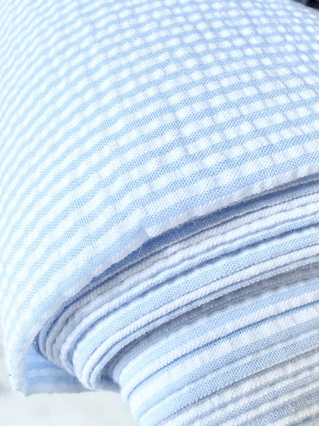Blue and White Seersucker Stripe- 57” Wide- Cotton Poly Blend