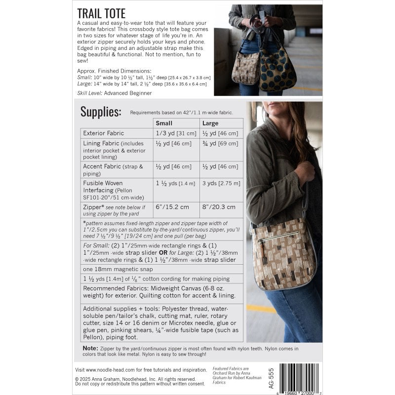 Noodlehead- Trail Tote- Paper Pattern- Belt Bag