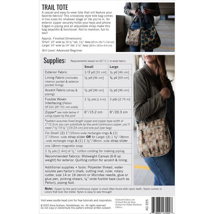 Noodlehead- Trail Tote- Paper Pattern- Belt Bag