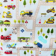 Cosmo Light Blue Buses, Tractors, Trucks, Bulldozers- 43” Wide Cotton Fabric- COSSP2611-11b
