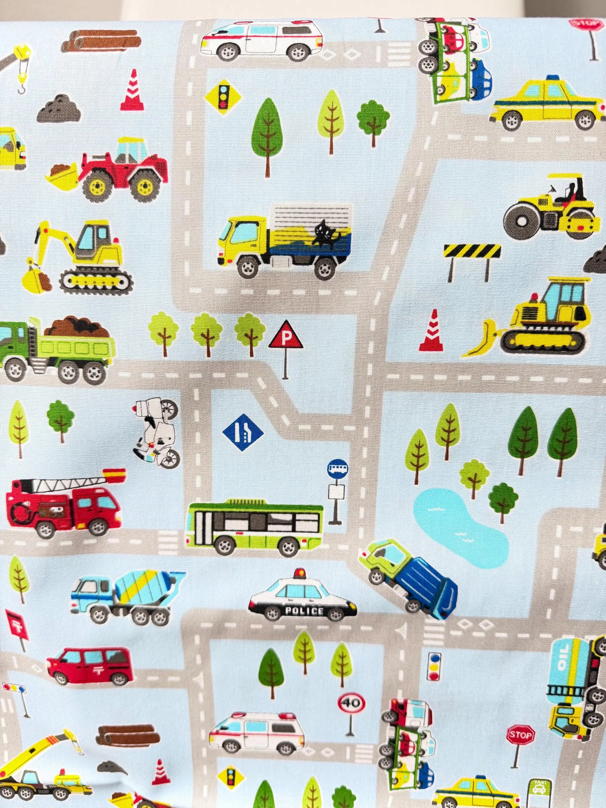 Cosmo Light Blue Buses, Tractors, Trucks, Bulldozers- 43” Wide Cotton Fabric- COSSP2611-11b