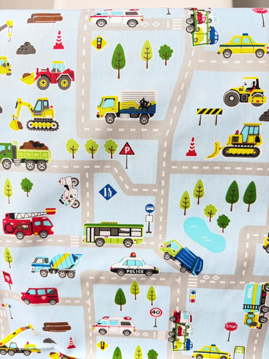 Cosmo Light Blue Buses, Tractors, Trucks, Bulldozers- 43” Wide Cotton Fabric- COSSP2611-11b