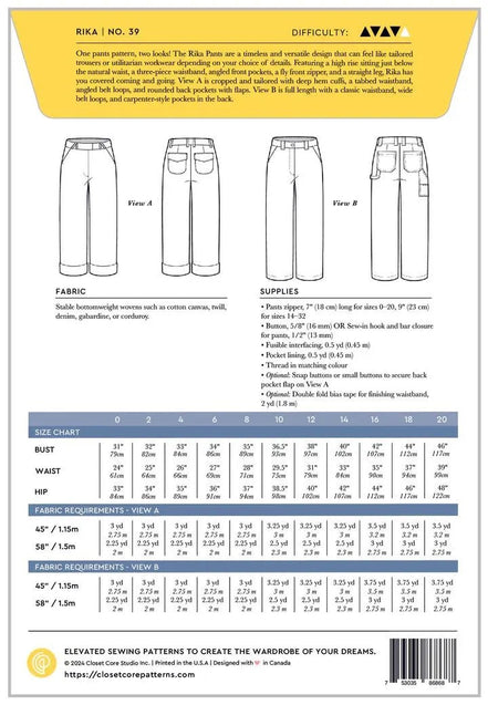 Rika Pants- Closet Core Paper Pattern