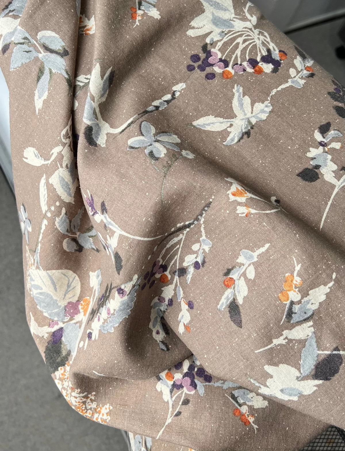 Taupe Gray-Brown Botanical/ Floral Japanese Cotton Linen Blend- 44