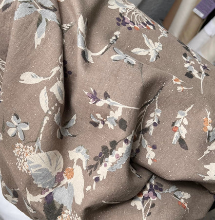 Taupe Gray-Brown Botanical/ Floral Japanese Cotton Linen Blend- 44" Wide-(710-2)