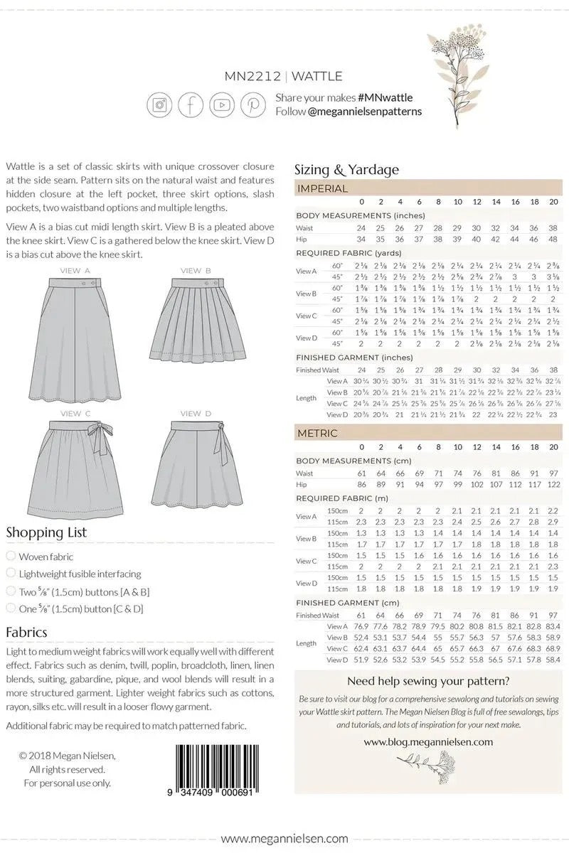 Wattle Skirt- Megan Nielsen- Sizes 0-20