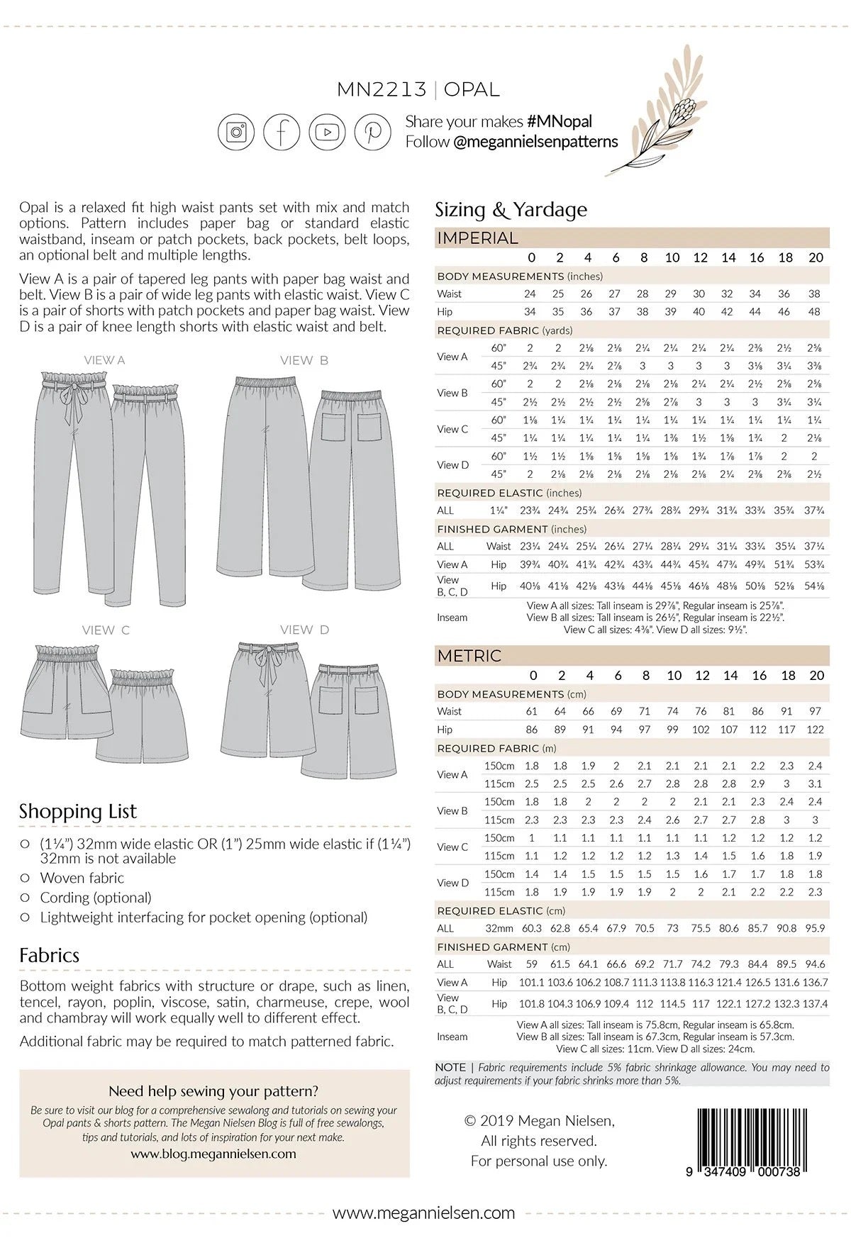 Opal Pants & Shorts Pattern- Megan Nielsen- Sizes 0-20