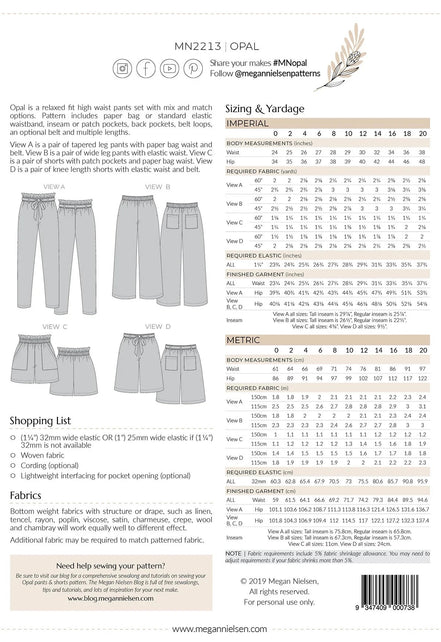 Opal Pants & Shorts Pattern- Megan Nielsen- Sizes 0-20