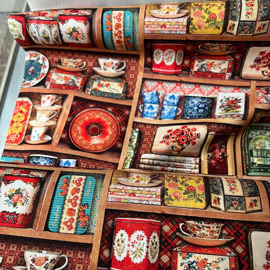 Tea Tins “Antique- Library of Rarities"- Cotton- 44” Wide- Artist Aimee Stewart