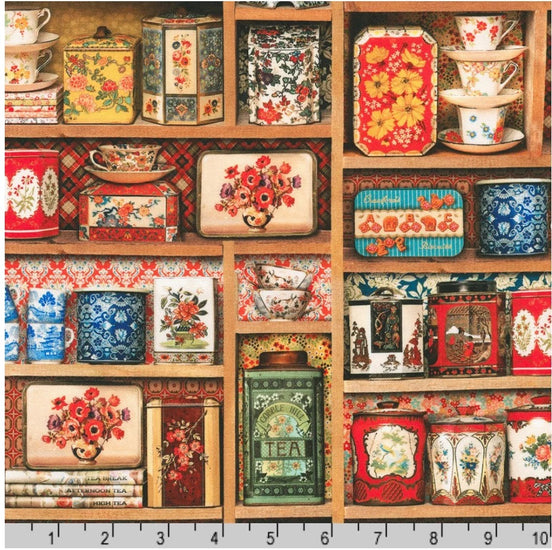 Tea Tins “Antique- Library of Rarities"- Cotton- 44” Wide- Artist Aimee Stewart