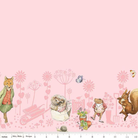 Peter Rabbit™ & Friends Border Print PINK- Beatrix Potter- Cotton Fabric- 44” Wide