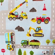 Cosmo Light Blue Buses, Tractors, Trucks, Bulldozers- 43” Wide Cotton Fabric- COSSP2611-11b
