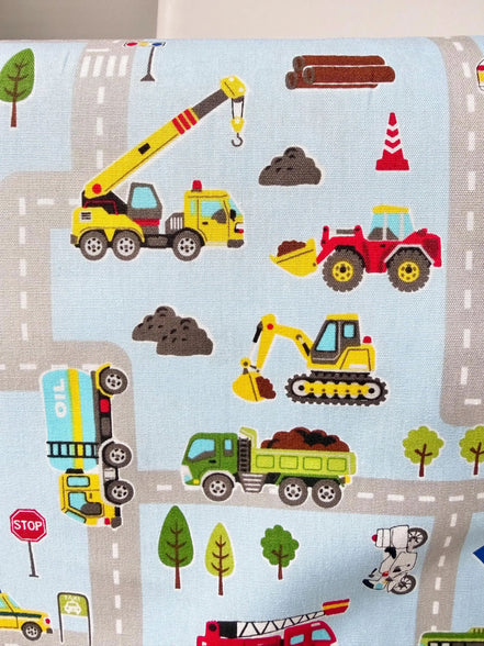 Cosmo Light Blue Buses, Tractors, Trucks, Bulldozers- 43” Wide Cotton Fabric- COSSP2611-11b
