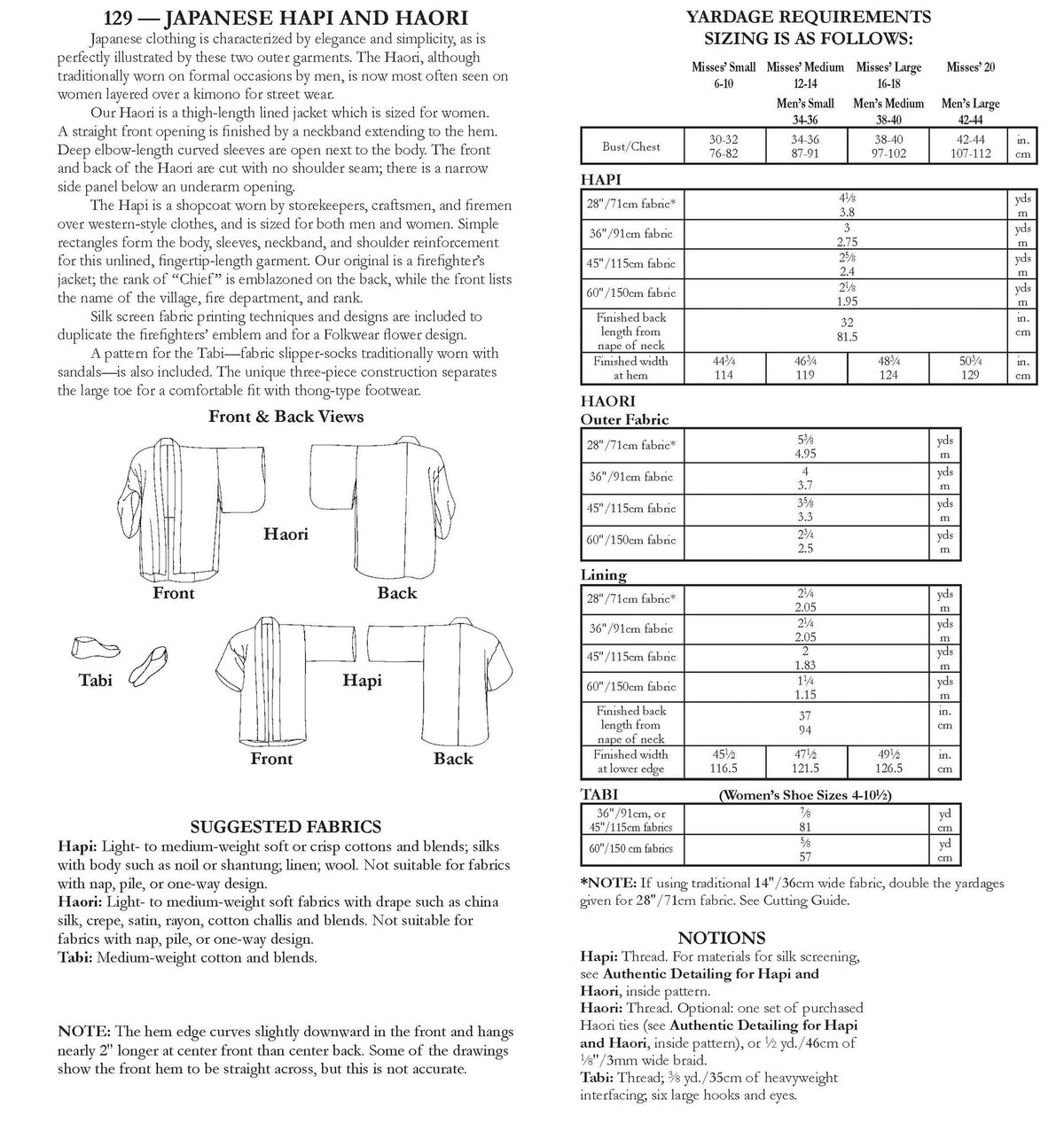 Japanese Hapi & Haori- Folkwear Patterns- 129- Printed Paper Pattern- Misses 6-20 (Hapi & Haori); Men's 34-44 (Hapi)