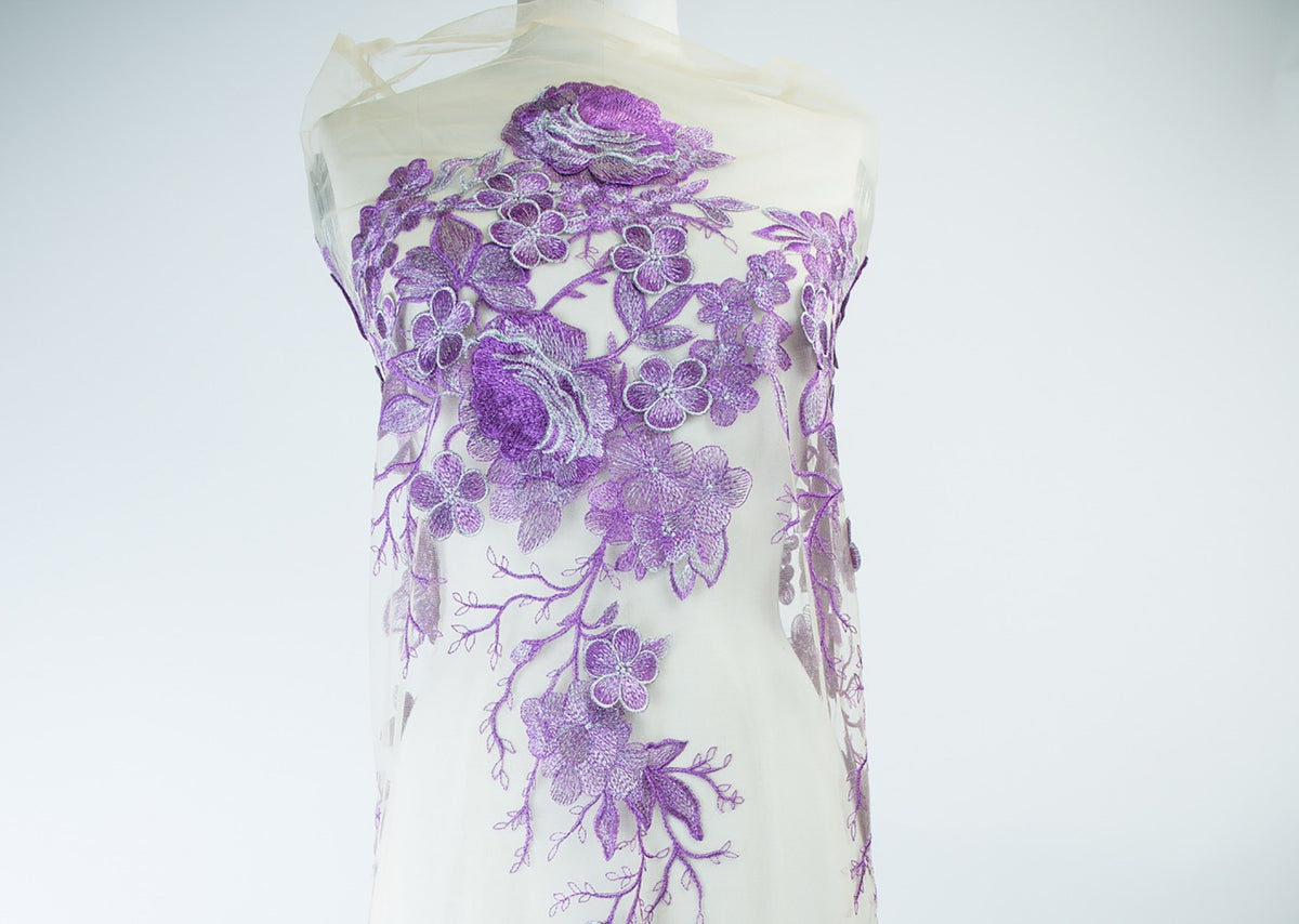 1706 Purple, Silver Embroidered Tulle