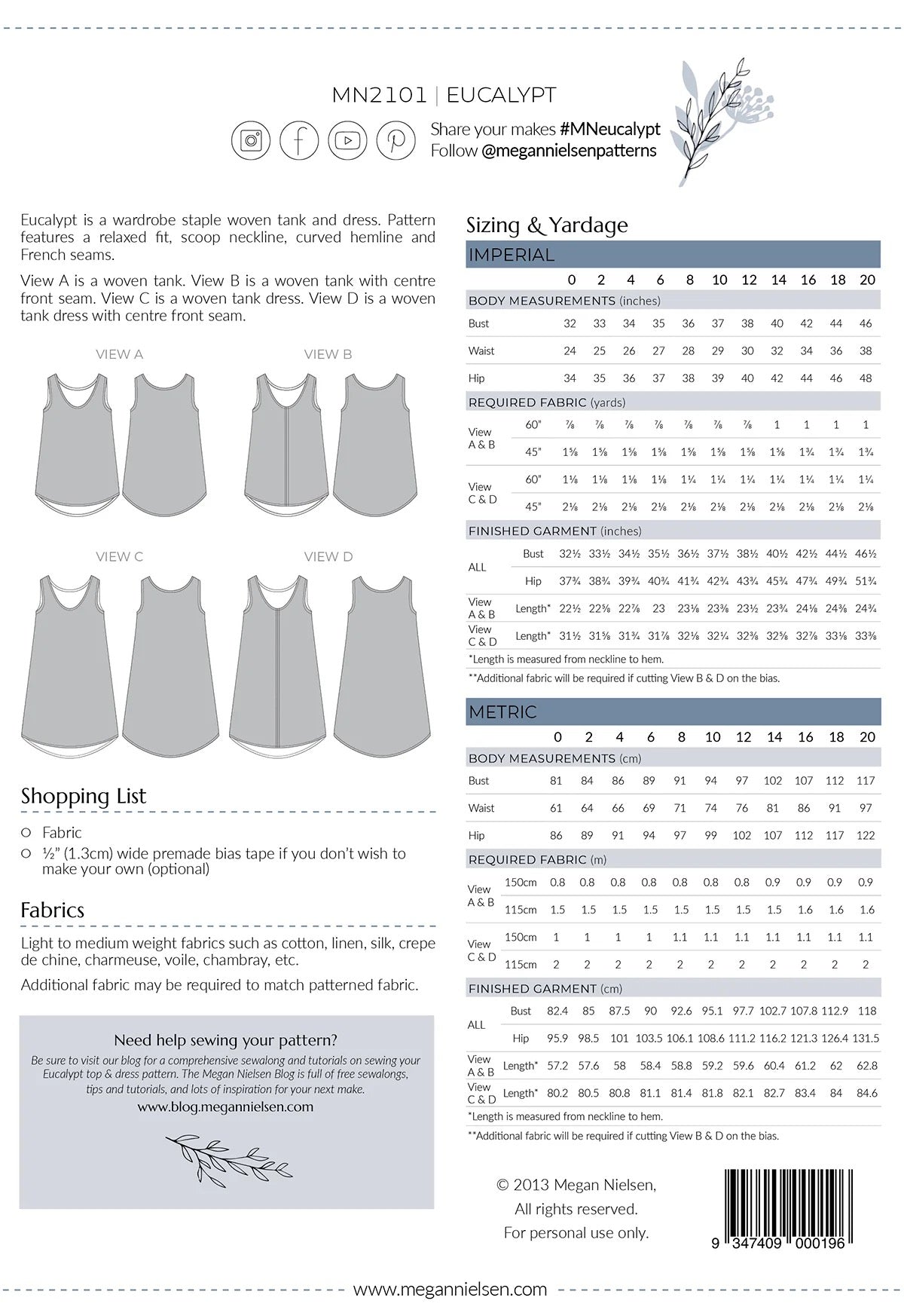 Eucalypt Woven Tank Top & Dress- Megan Nielsen Paper Pattern
