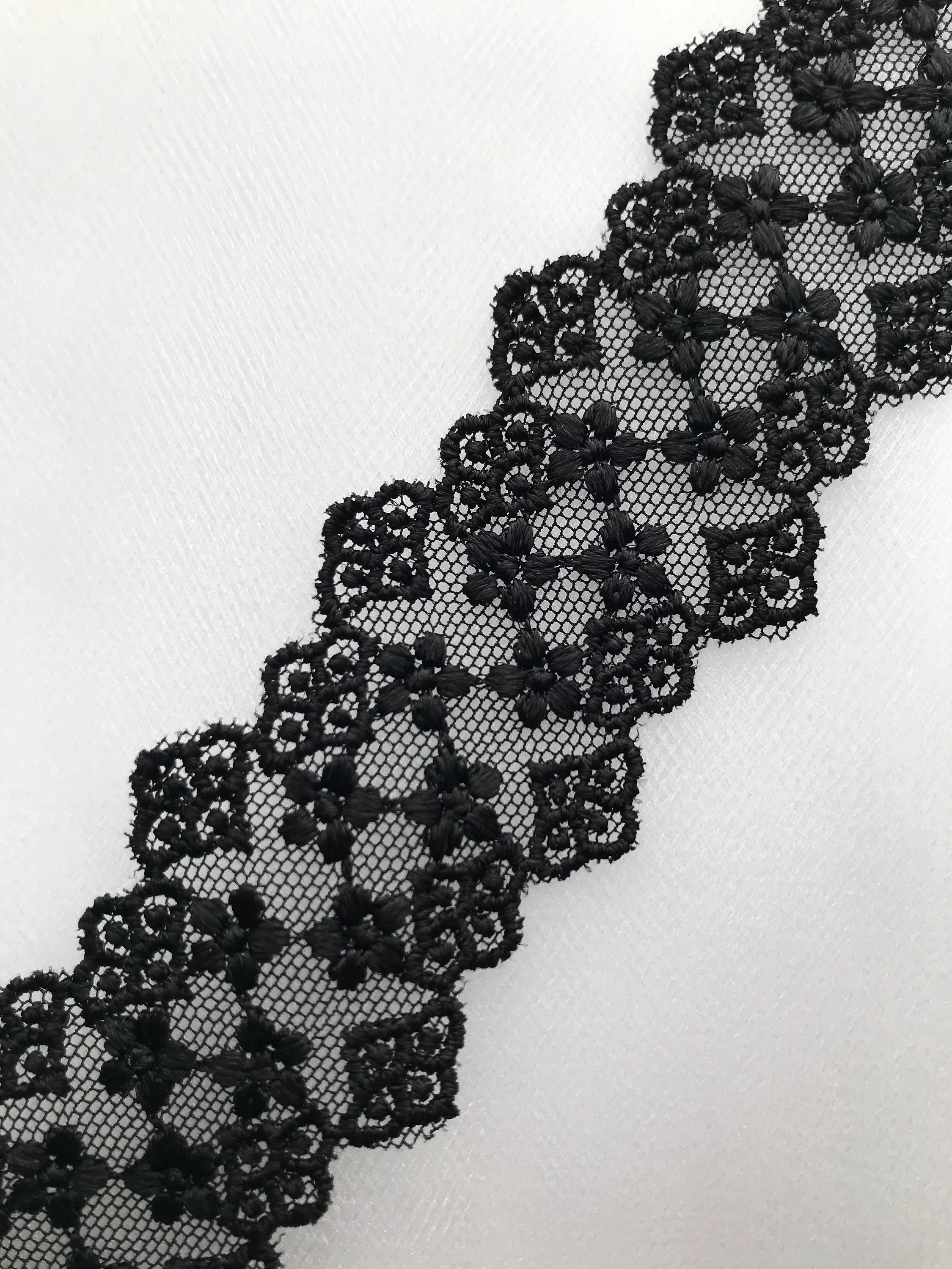 Black Embroidered Lace Trim- 1.5