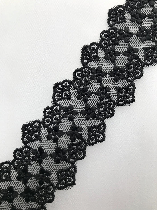 Black Embroidered Lace Trim- 1.5"- (3524)