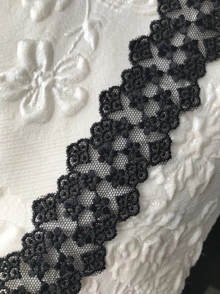 Black Embroidered Lace Trim- 1.5"- (3524)