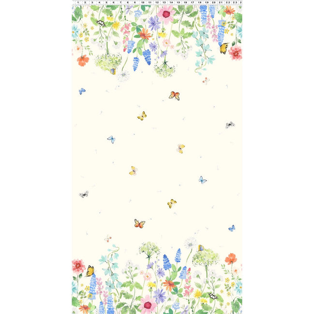 Sunlit Sonnet Butterfly Garden- Double Border- Cream- Cotton Fabric- 44"