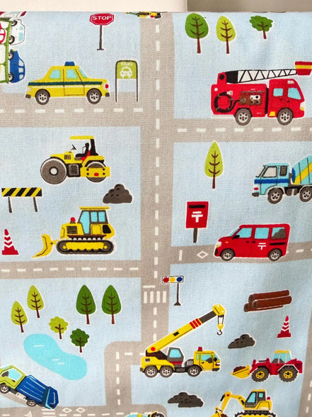 Cosmo Light Blue Buses, Tractors, Trucks, Bulldozers- 43” Wide Cotton Fabric- COSSP2611-11b