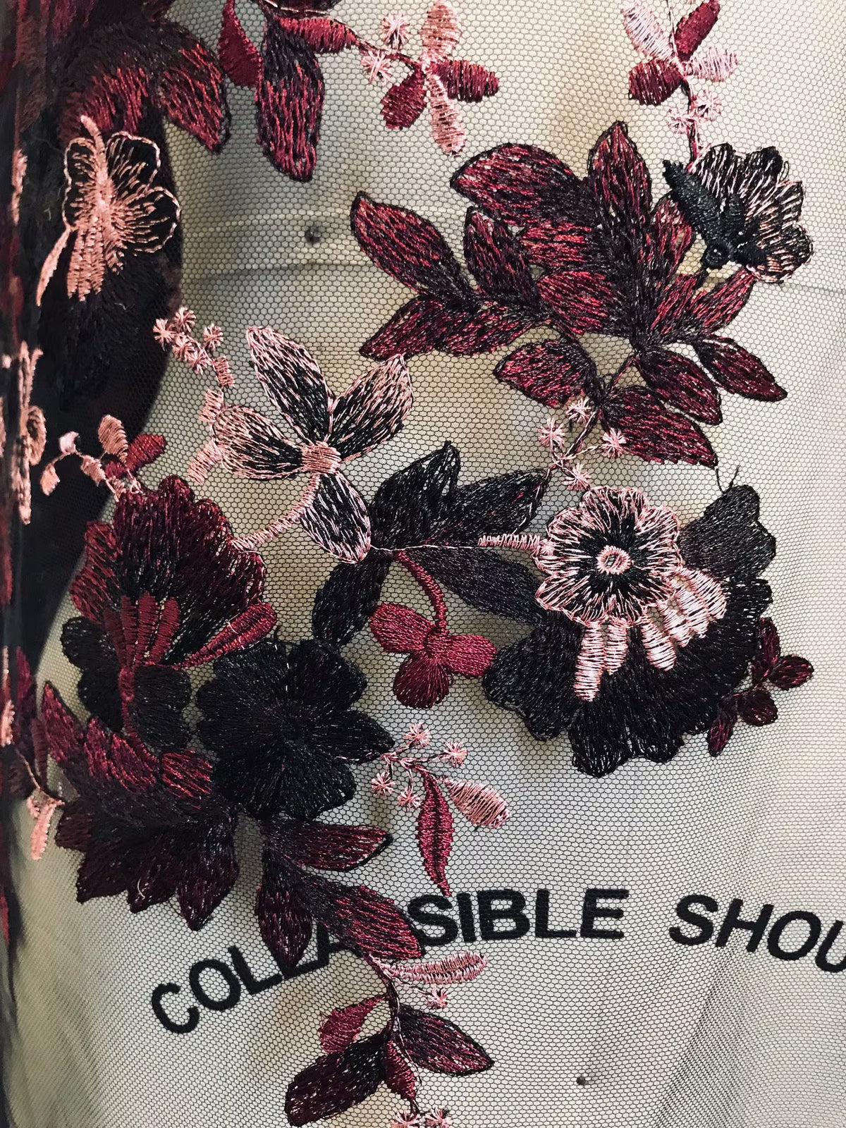 Black, Burgundy Embroidery on Tulle- 52” Wide (108)