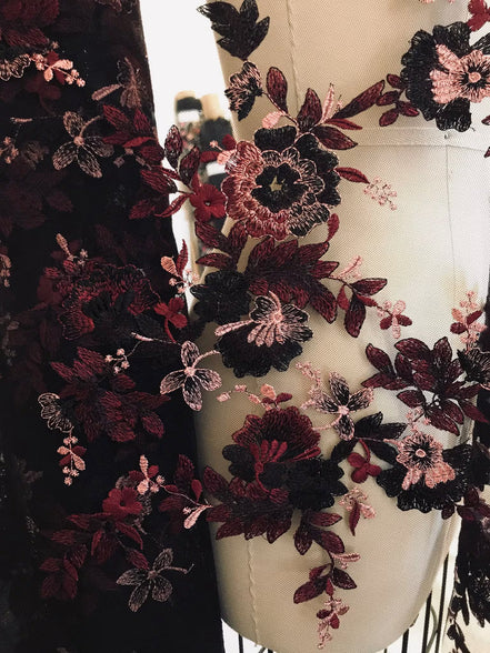 Black, Burgundy Embroidery on Tulle- 52” Wide (108)