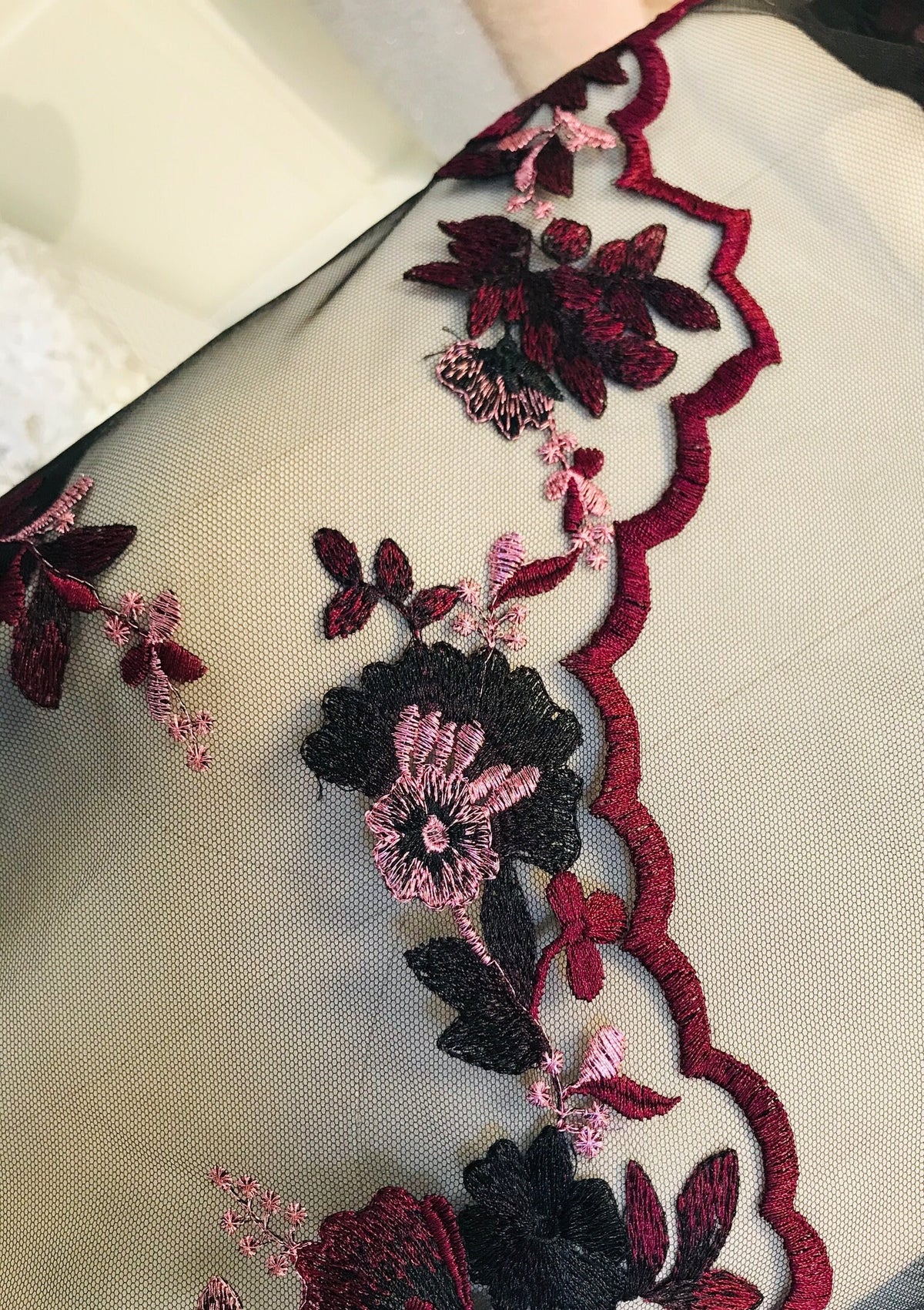 Black, Burgundy Embroidery on Tulle- 52” Wide (108)