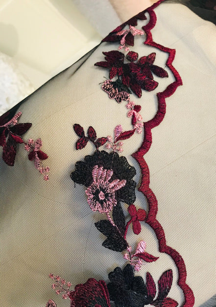 Black, Burgundy Embroidery on Tulle- 52” Wide (108)