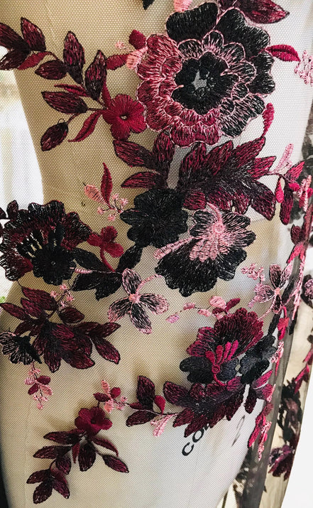 Black, Burgundy Embroidery on Tulle- 52” Wide (108)