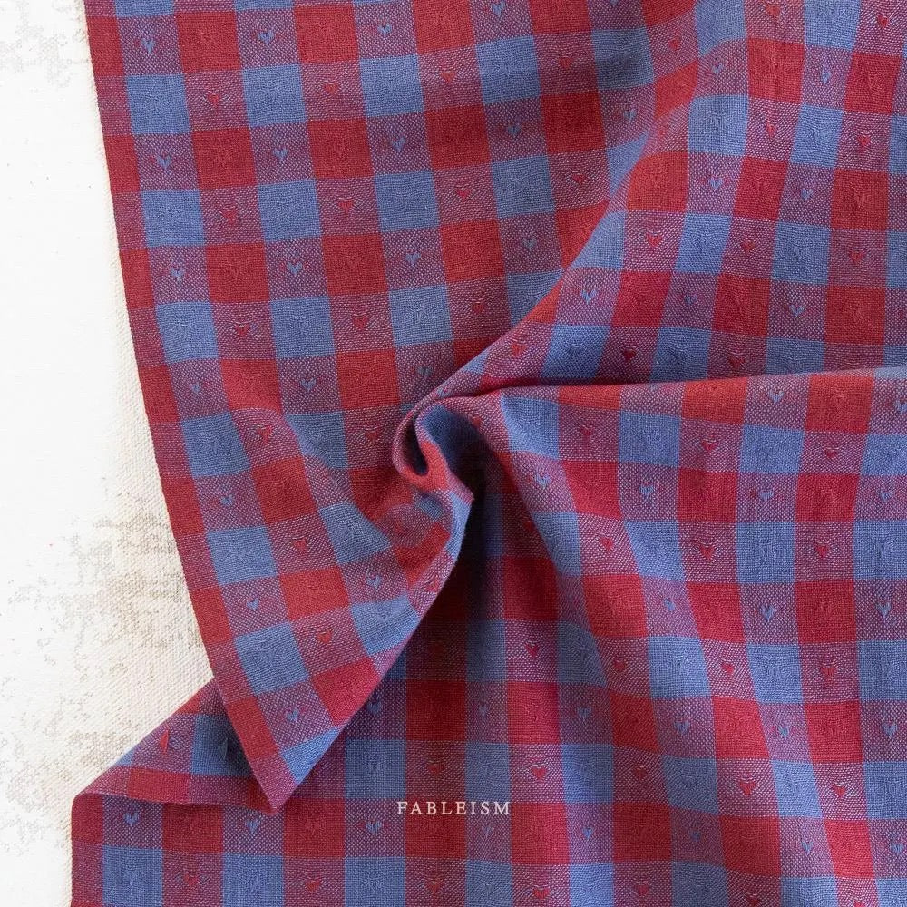 Dobby Hearts Gingham in Royal- Queen of Hearts- Fableism- 54” Wide- Red and Blue