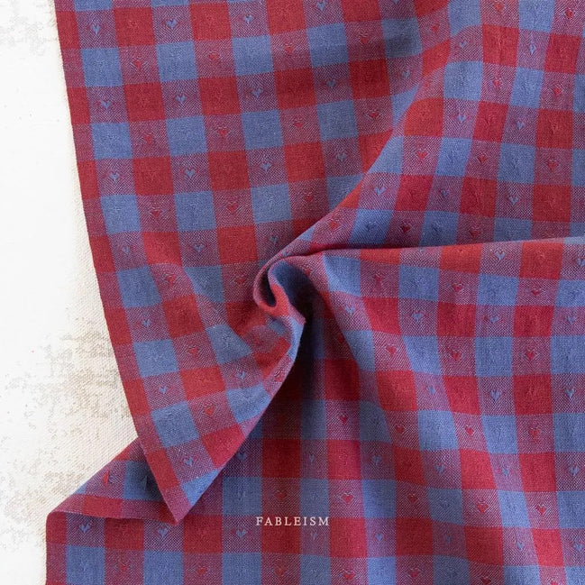 Dobby Hearts Gingham in Royal- Queen of Hearts- Fableism- 54” Wide- Red and Blue
