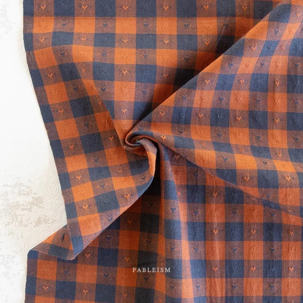 Dobby Hearts Gingham in Sunday Best- Queen of Hearts- Fableism- 54” Wide- Navy Blue and Orange