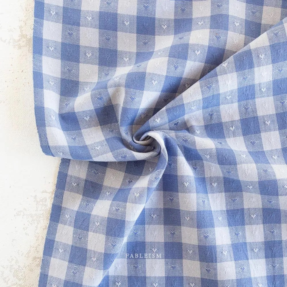 Dobby Hearts Gingham in Alice Blue- Queen of Hearts- Fableism- 54” Wide- Blue and White
