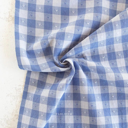 Dobby Hearts Gingham in Alice Blue- Queen of Hearts- Fableism- 54” Wide- Blue and White
