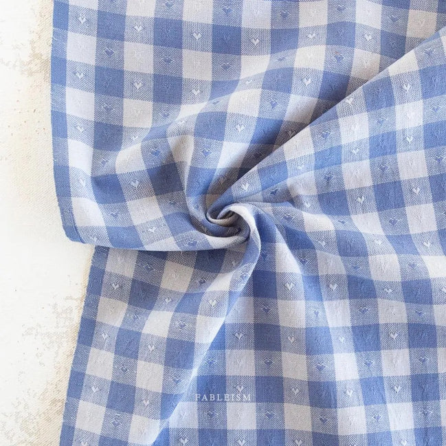 Dobby Hearts Gingham in Alice Blue- Queen of Hearts- Fableism- 54” Wide- Blue and White