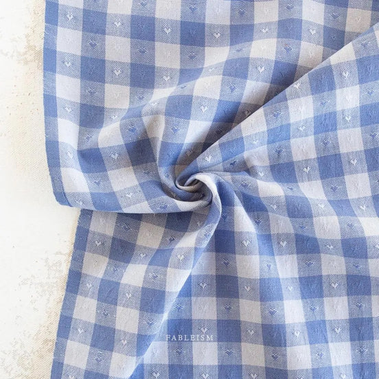 Dobby Hearts Gingham in Alice Blue- Queen of Hearts- Fableism- 54” Wide- Blue and White