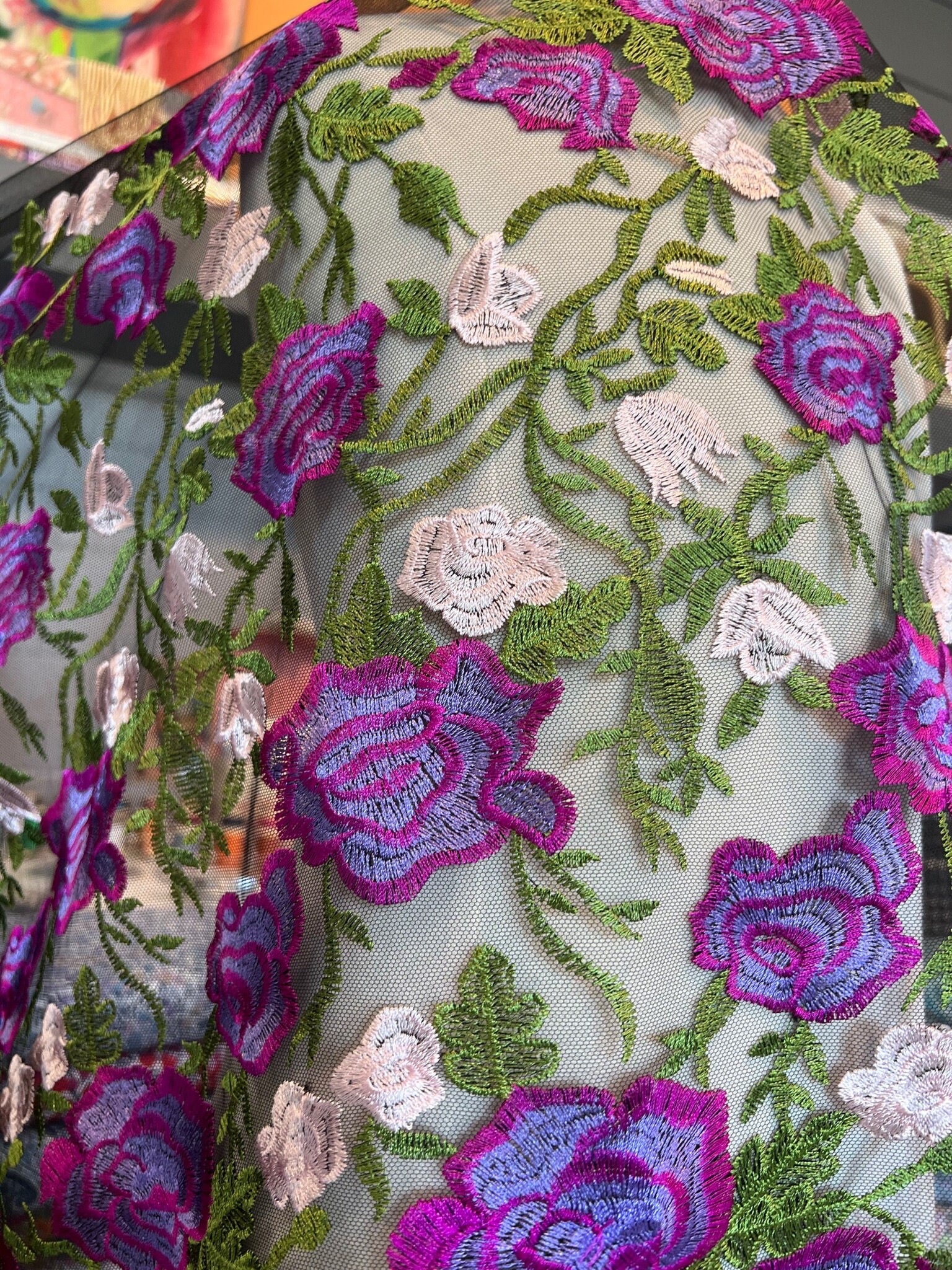 Purple, Pink, Green on Black Floral Embroidered Mesh- 58