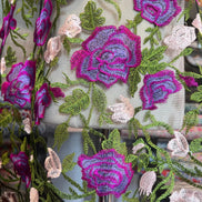 Purple, Pink, Green on Black Floral Embroidered Mesh- 58