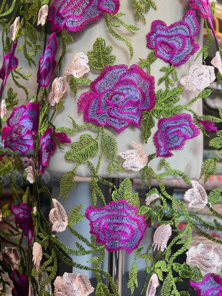 Purple, Pink, Green on Black Floral Embroidered Mesh- 58" (130)