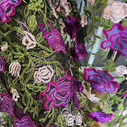 Purple, Pink, Green on Black Floral Embroidered Mesh- 58