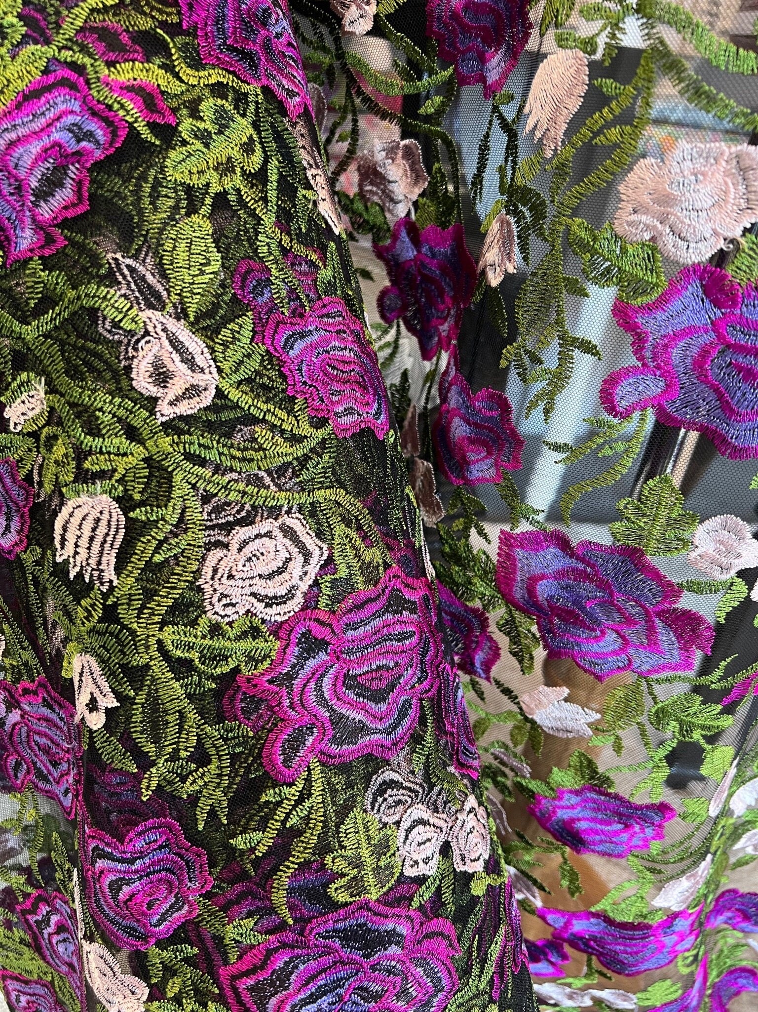 Purple, Pink, Green on Black Floral Embroidered Mesh- 58