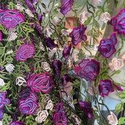 Purple, Pink, Green on Black Floral Embroidered Mesh- 58