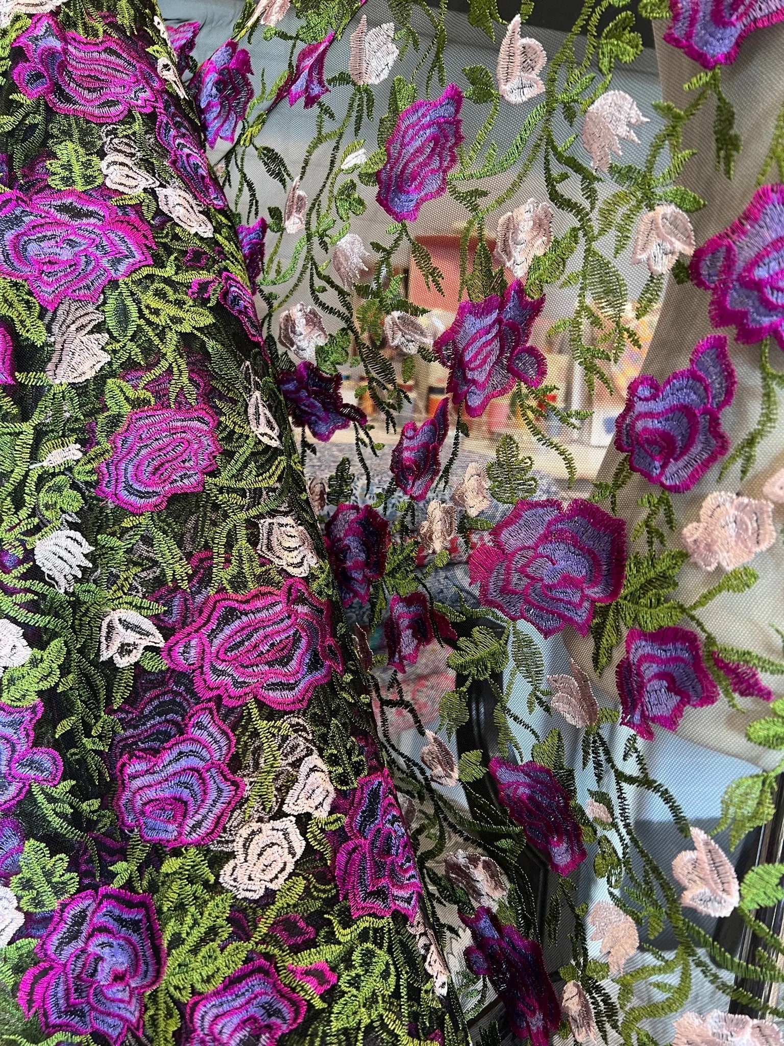 Purple, Pink, Green on Black Floral Embroidered Mesh- 58
