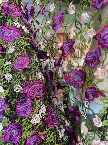 Purple, Pink, Green on Black Floral Embroidered Mesh- 58" (130)
