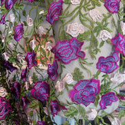 Purple, Pink, Green on Black Floral Embroidered Mesh- 58